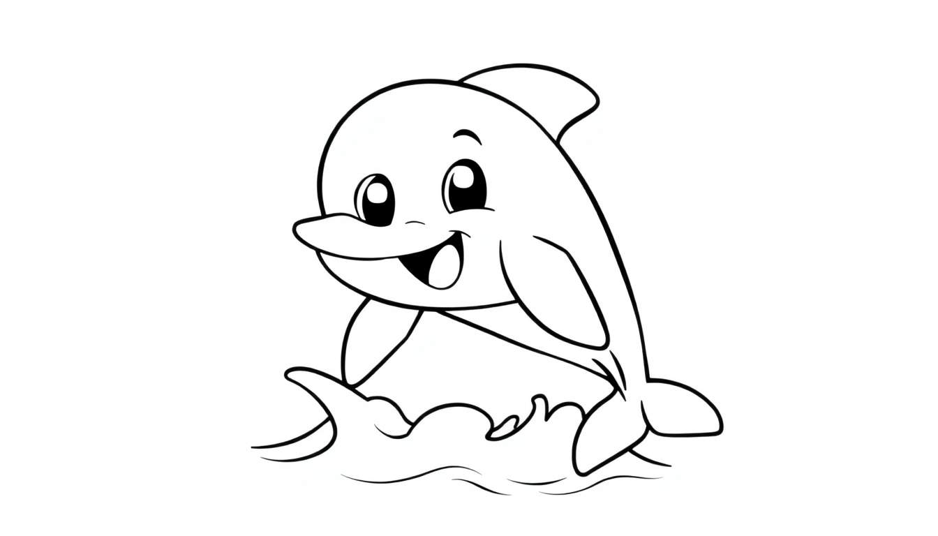 A happy dolphin in a black and white color panel, leaping from the water with big eyes and a smile.
