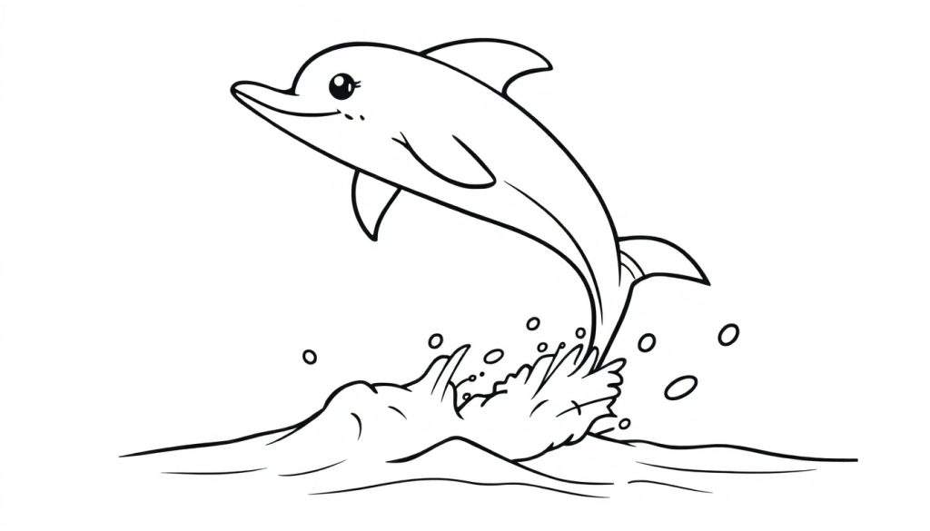 A happy dolphin leaping out of the water with a surfboard, black and white color panel.