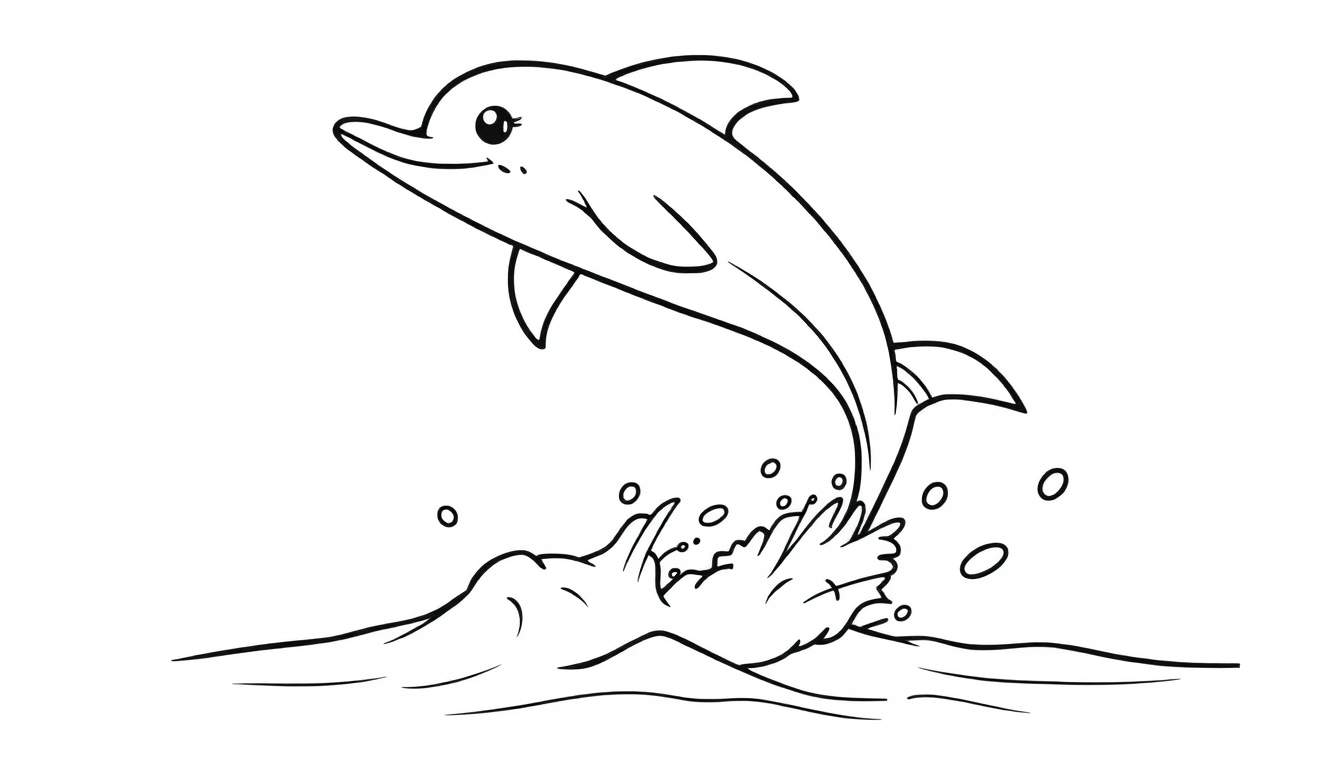 A happy dolphin leaping out of the water with a surfboard, black and white color panel.