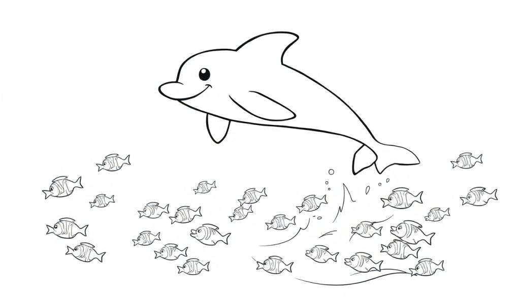 A black and white cartoon dolphin jumping out of the water, with a school of fish below. A fun color panel for kids.