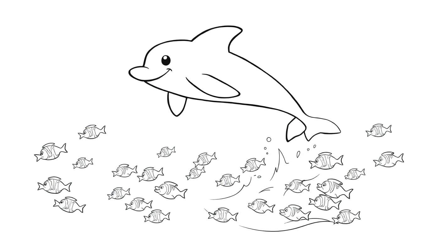 A black and white cartoon dolphin jumping out of the water, with a school of fish below. A fun color panel for kids.