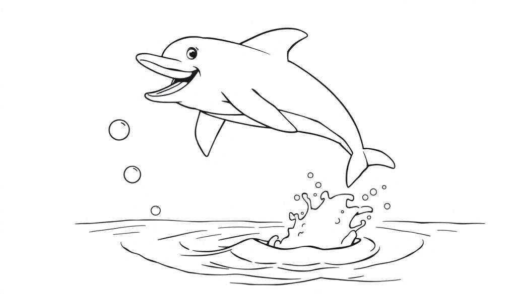Black and white color panel of a happy dolphin leaping from water with bubbles.