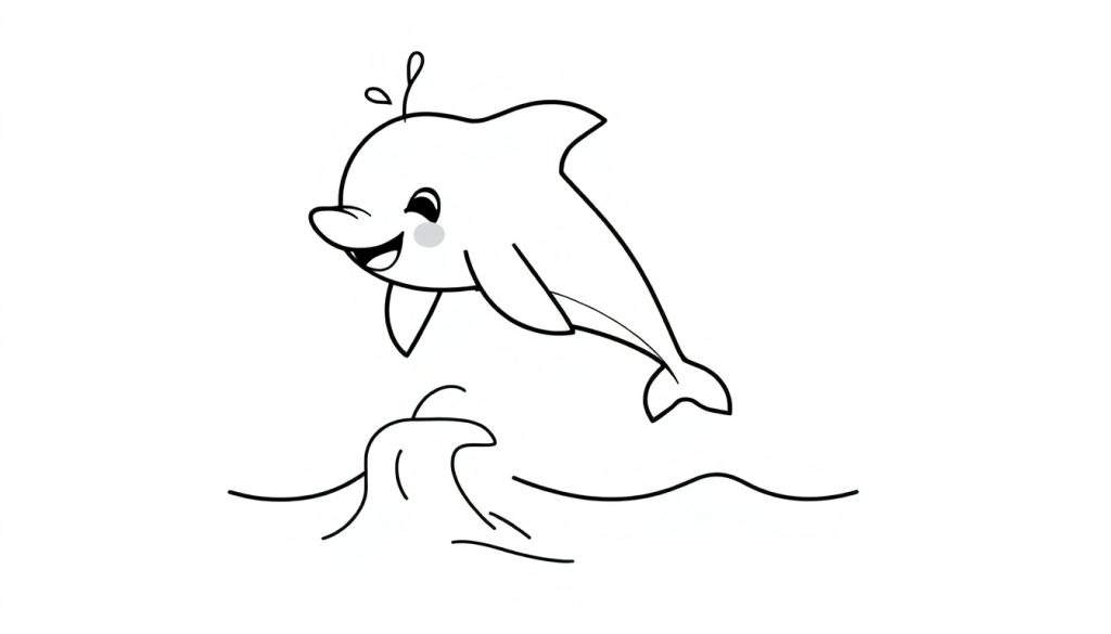 A cute cartoon dolphin jumping out of the water, a black and white color panel for coloring.