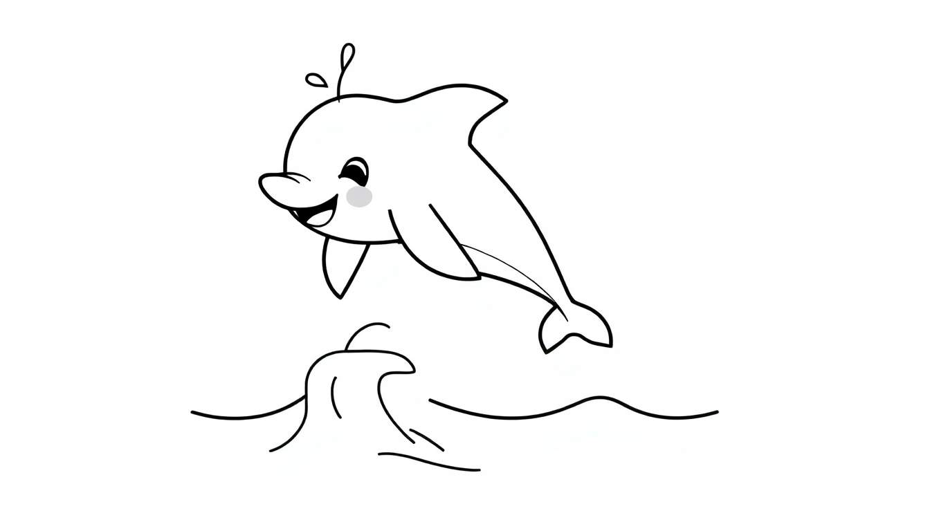 A cute cartoon dolphin jumping out of the water, a black and white color panel for coloring.