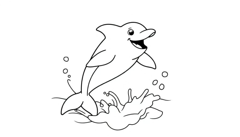 Black and white coloring page of a happy dolphin splashing, a fun color panel for kids.