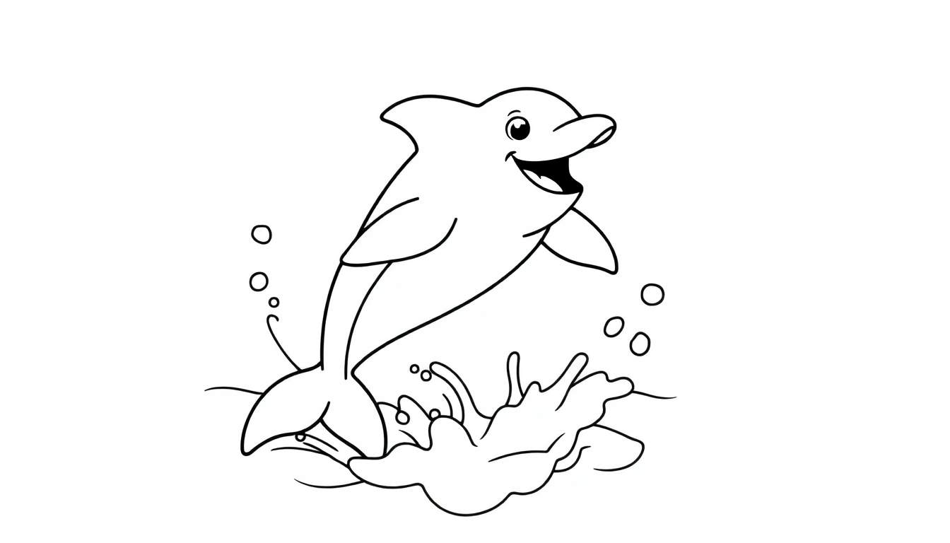 Black and white coloring page of a happy dolphin splashing, a fun color panel for kids.