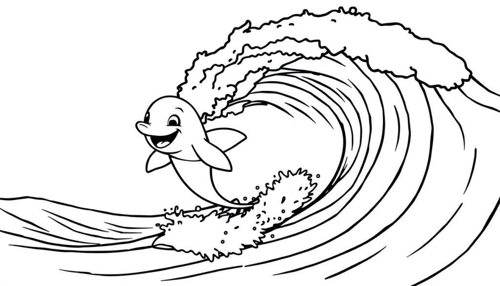 A black and white line drawing of a happy cartoon dolphin jumping out of a wave, on a coloring panel.
