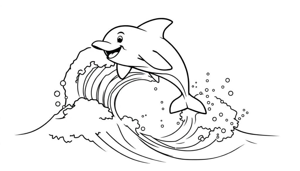 A black and white cartoon dolphin jumping out of a wave, ready for coloring. Includes a color panel.