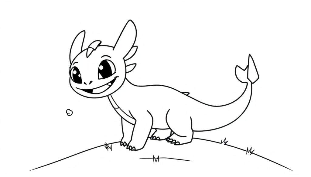 A smiling black and white cartoon dragon, ready for adventure on a grassy hill, a fun color panel.