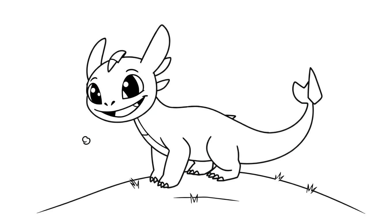 A smiling black and white cartoon dragon, ready for adventure on a grassy hill, a fun color panel.