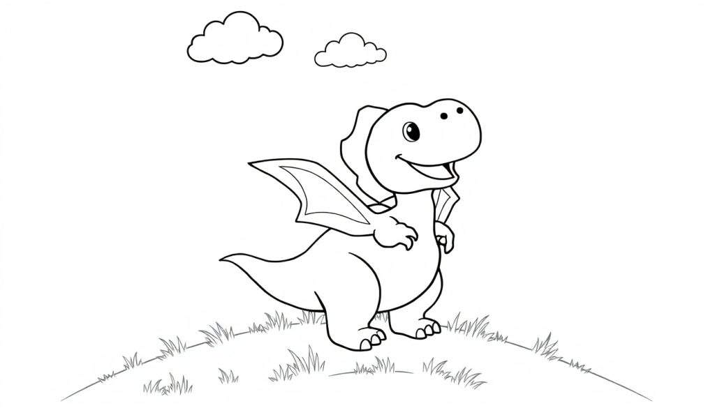 A cute cartoon dragon coloring panel with big eyes and small wings on a grassy hill.