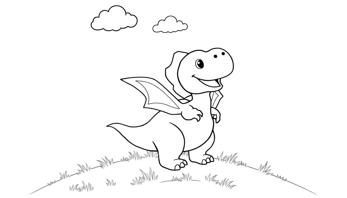 A cute cartoon dragon coloring panel with big eyes and small wings on a grassy hill.