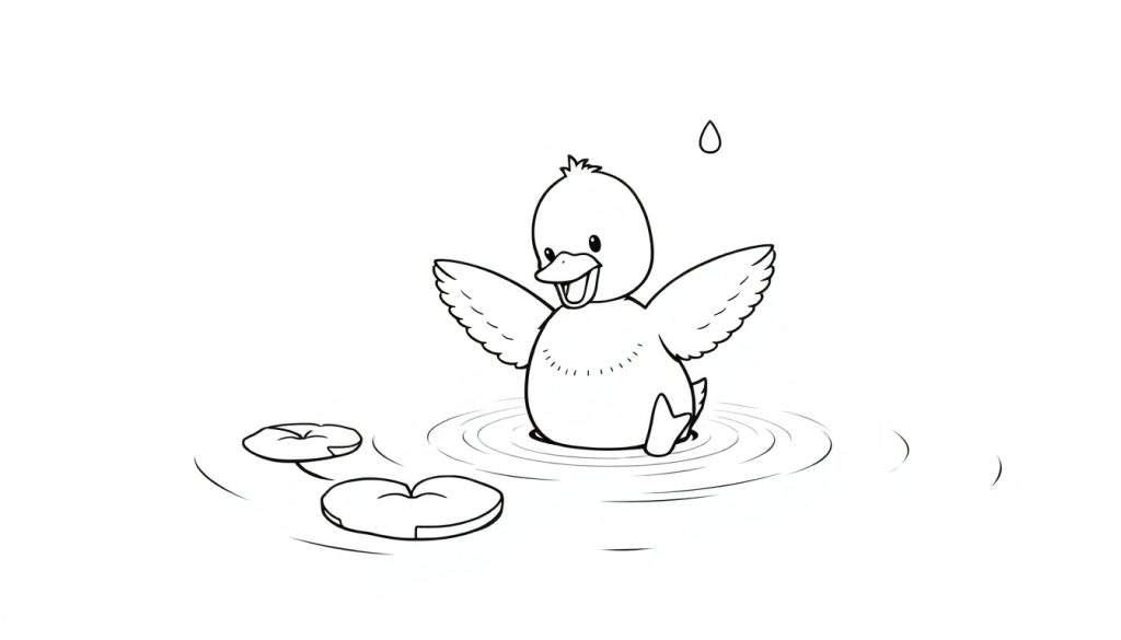 A happy duckling in a black and white outline color panel, ready for coloring, with its wings spread and water ripples.