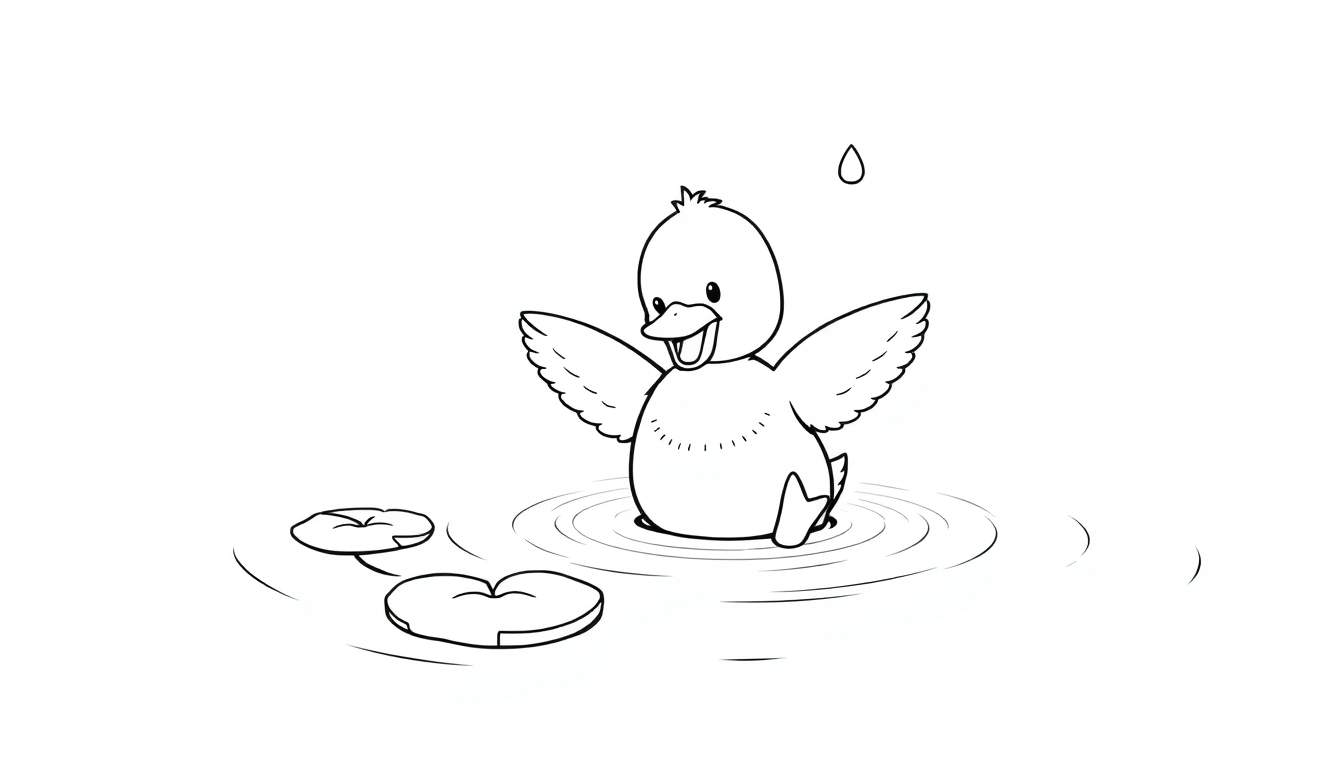 A happy duckling in a black and white outline color panel, ready for coloring, with its wings spread and water ripples.