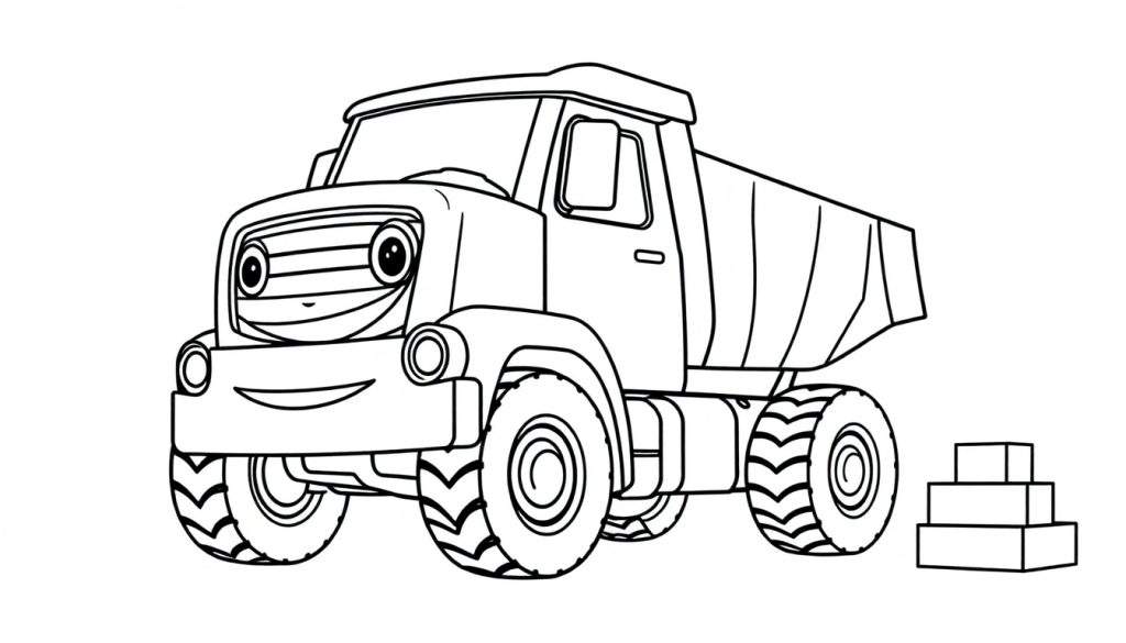 A friendly black and white dump truck coloring panel with a smiling face and a stack of blocks.