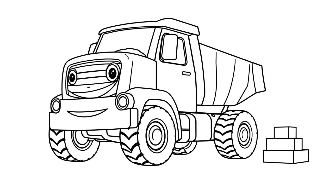 A friendly black and white dump truck coloring panel with a smiling face and a stack of blocks.