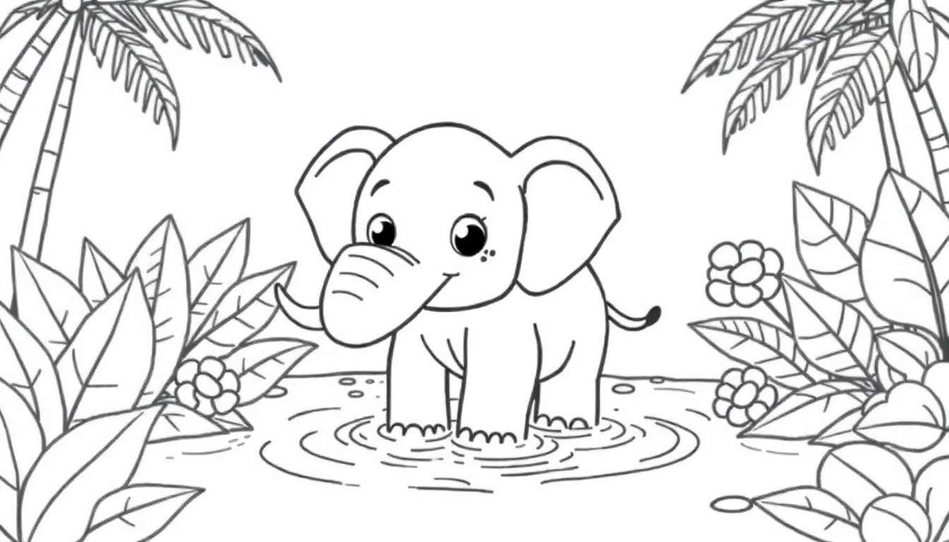 A cute cartoon elephant splashing in water, ready for a color panel.