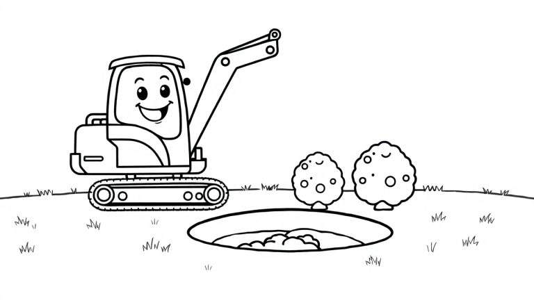 A friendly black and white cartoon excavator with a smiling face is next to a freshly dug round hole in a grassy field, a fun color panel for kids.