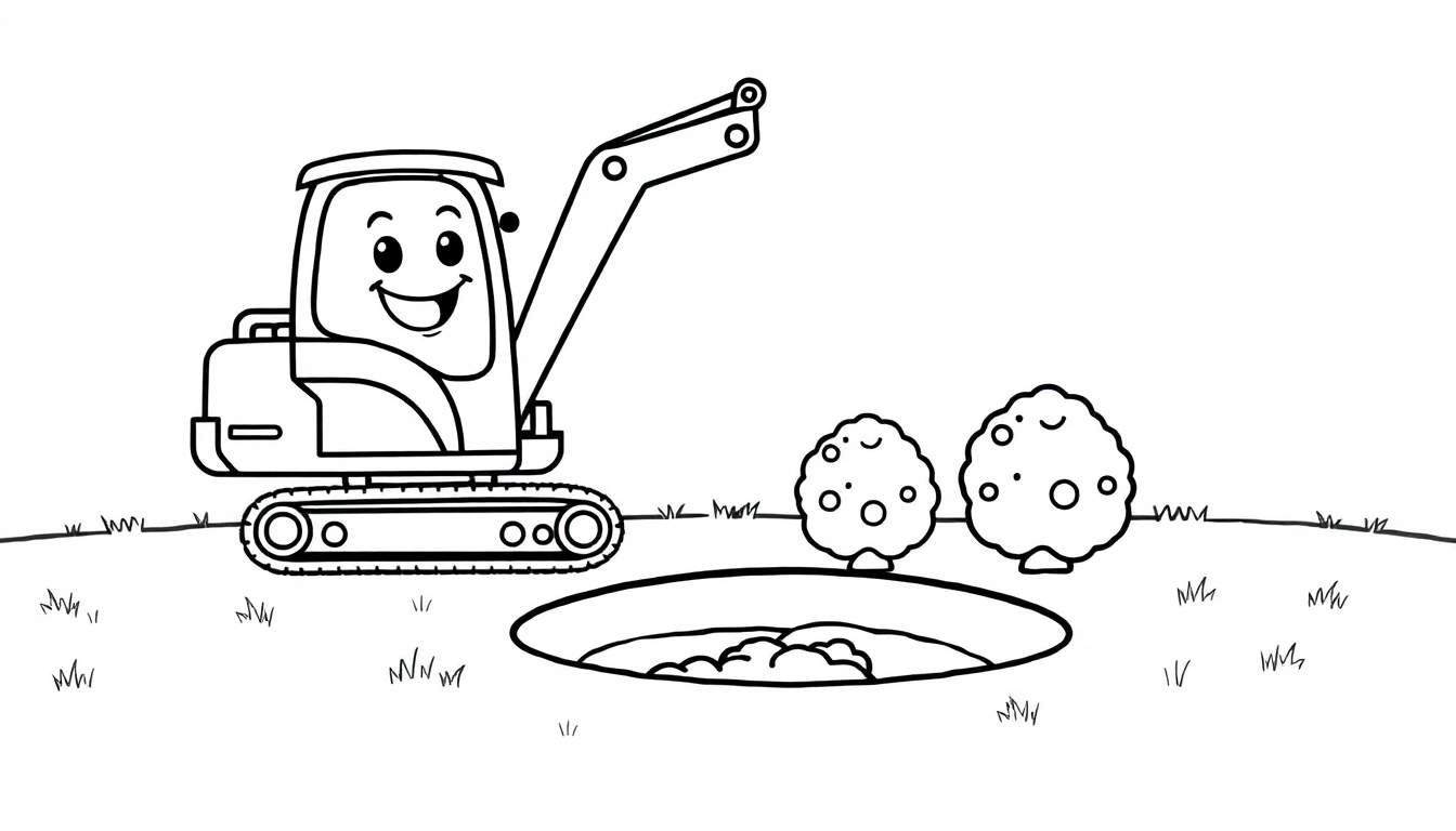A friendly black and white cartoon excavator with a smiling face is next to a freshly dug round hole in a grassy field, a fun color panel for kids.