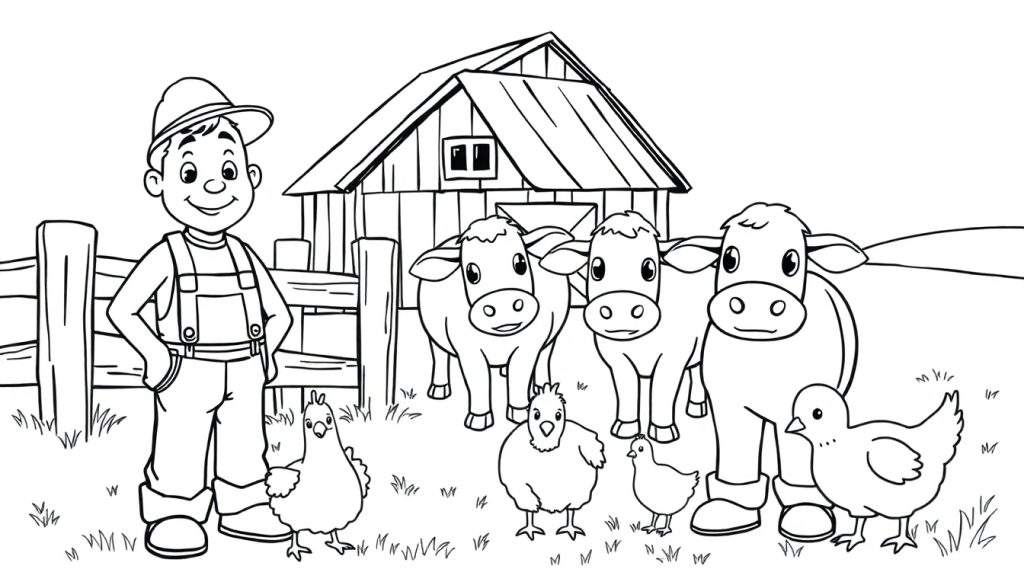 A happy farmer and his animals on a farm, ready for a color panel.