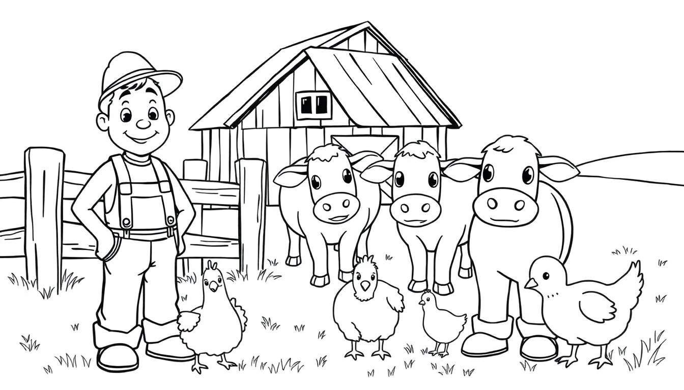A happy farmer and his animals on a farm, ready for a color panel.