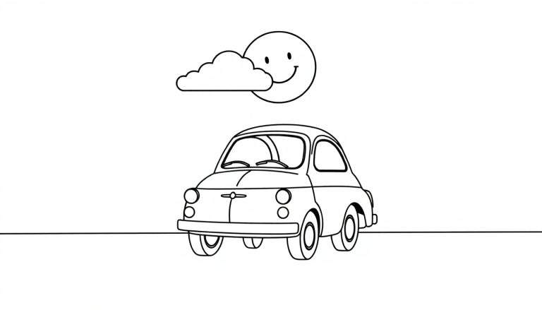 A black and white coloring page of a cute Fiat 500 with happy clouds and a smiling sun, perfect for a color panel.