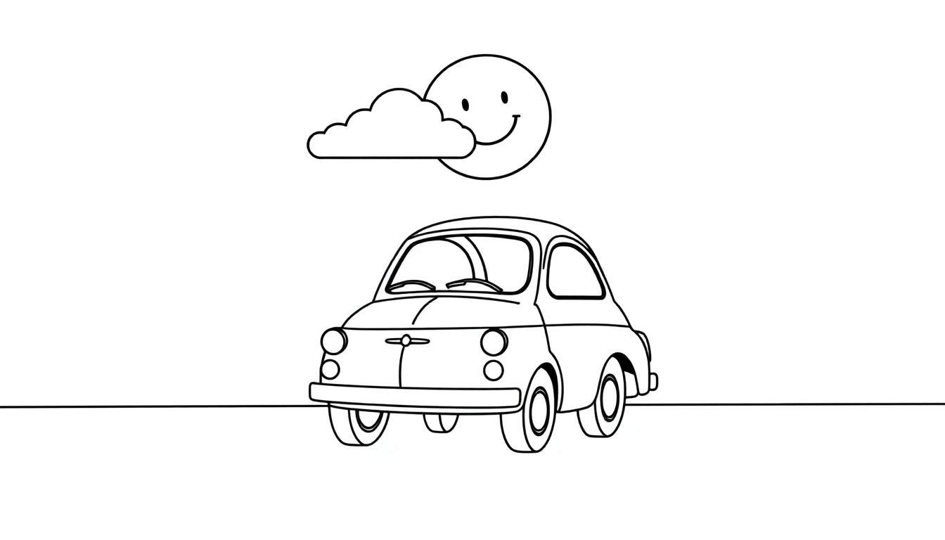 A black and white coloring page of a cute Fiat 500 with happy clouds and a smiling sun, perfect for a color panel.