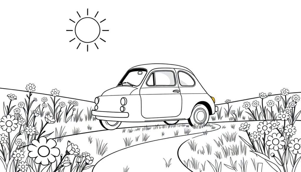 A cute Fiat 500 in a black and white coloring panel, driving through a meadow of flowers under a big sun.