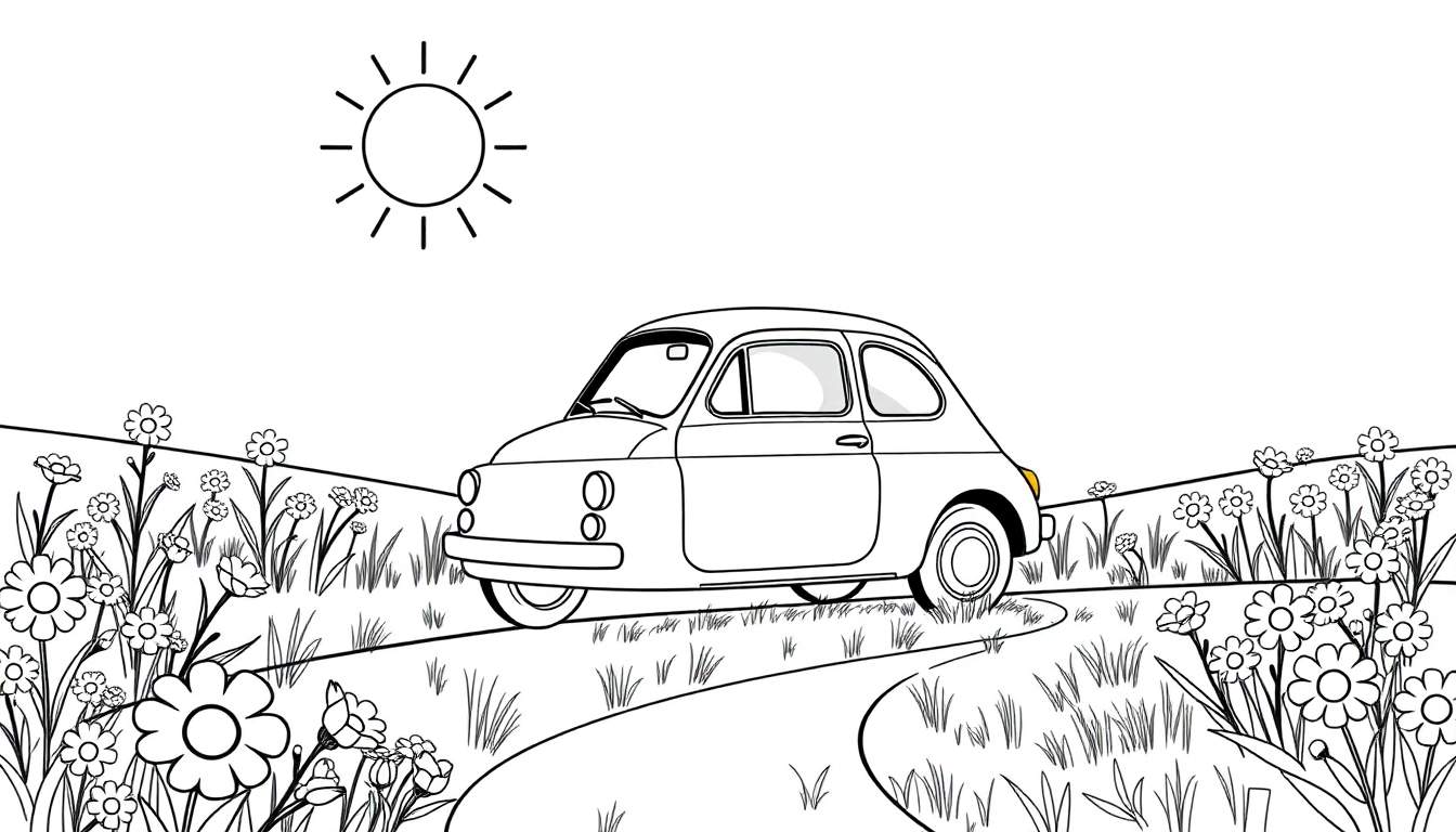 A cute Fiat 500 in a black and white coloring panel, driving through a meadow of flowers under a big sun.