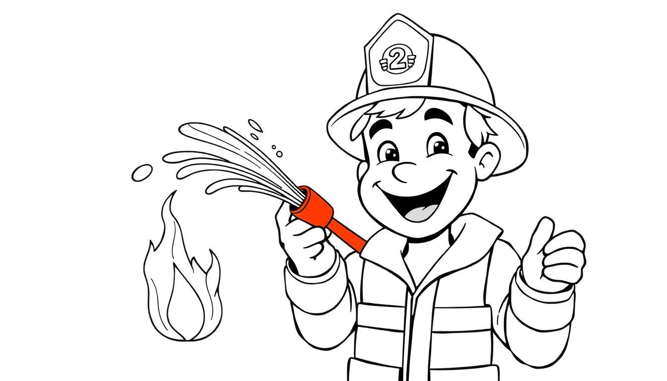 A smiling firefighter in a helmet marked '2' and a striped jacket gives a thumbs-up while holding a hose spraying water on a small flame, a color panel ready for coloring.
