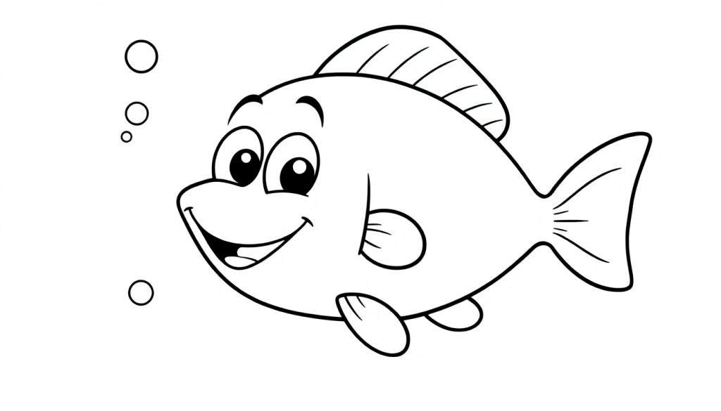 A cheerful black and white cartoon fish with big eyes and a smile, ready for a color panel.