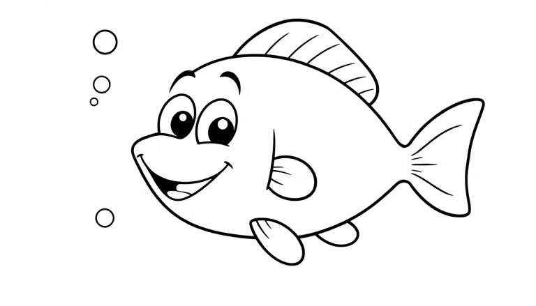 A cheerful black and white cartoon fish with big eyes and a smile, ready for a color panel.