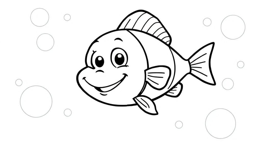 A cheerful black and white cartoon fish with big eyes and a smile, surrounded by bubbles. This is a color panel for kids.