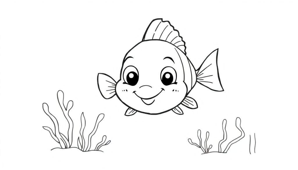 A cute cartoon fish in a black and white color panel, with big eyes and a smile, swimming past seaweed.