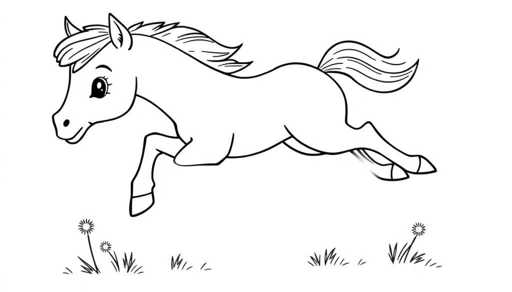 A cartoon horse is jumping over grass and dandelions in a black and white color panel.