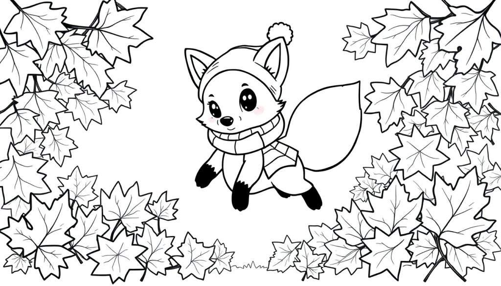 A cartoon fox in a hat and scarf leaping, surrounded by autumn leaves, ready for a color panel.