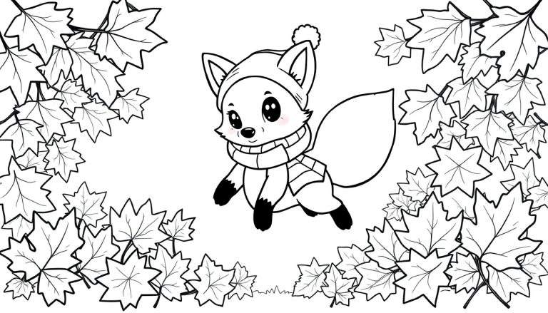 A cartoon fox in a hat and scarf leaping, surrounded by autumn leaves, ready for a color panel.