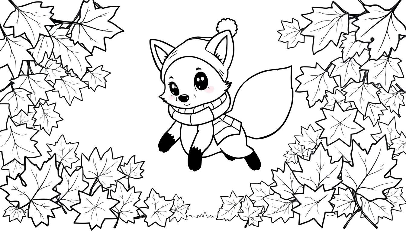 A cartoon fox in a hat and scarf leaping, surrounded by autumn leaves, ready for a color panel.