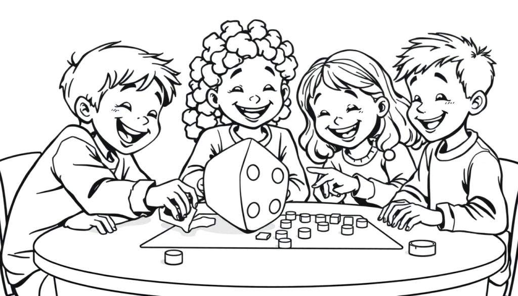 A black and white color panel showing four children happily playing a board game with dice and colorful pieces.
