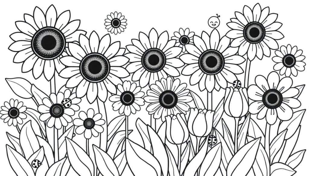 A whimsical garden scene with sunflowers, daisies, and tulips, ready for coloring. A happy face peeks out from a sunflower. This color panel is full of nature's fun!