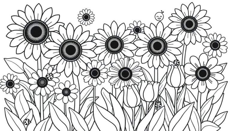 A whimsical garden scene with sunflowers, daisies, and tulips, ready for coloring. A happy face peeks out from a sunflower. This color panel is full of nature's fun!