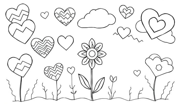 A geometric flower with heart-shaped petals and cloud-shaped leaves under a sky with geometric clouds.