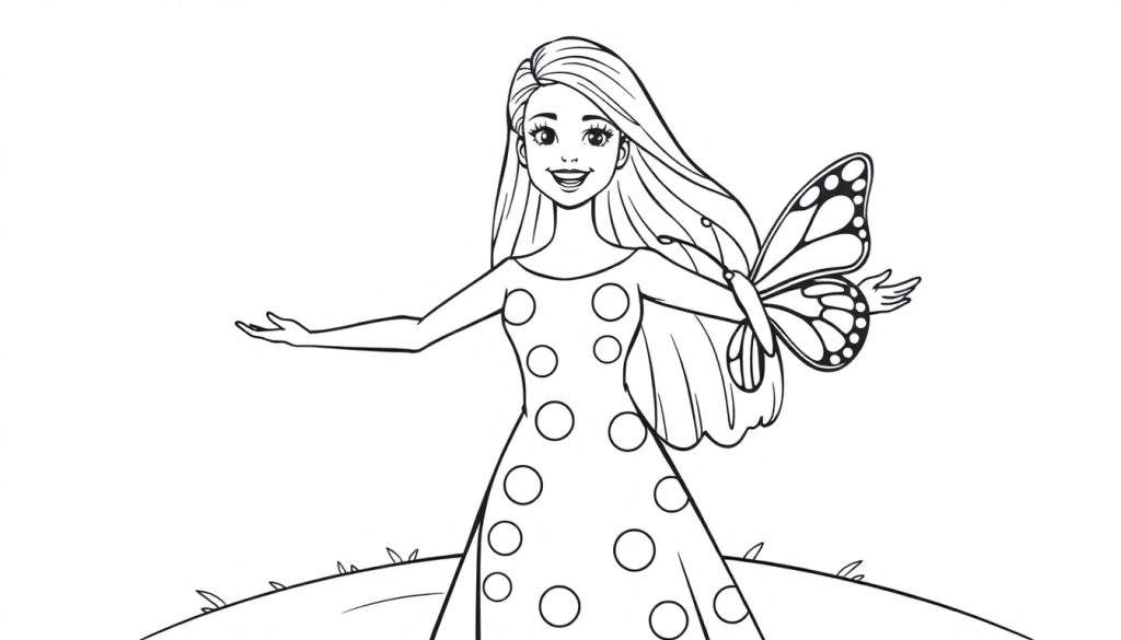 A smiling girl in a polka dot dress on a color panel, with arms outstretched and a butterfly on her hand.