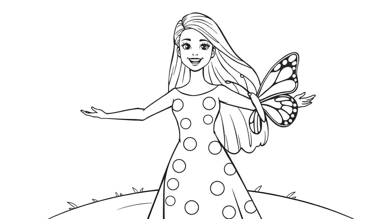A smiling girl in a polka dot dress on a color panel, with arms outstretched and a butterfly on her hand.