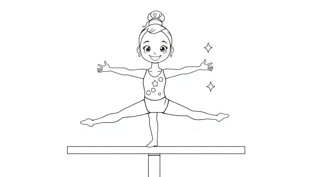 A smiling gymnast girl in a split on a balance beam, with stars around her head, in a black and white color panel illustration.