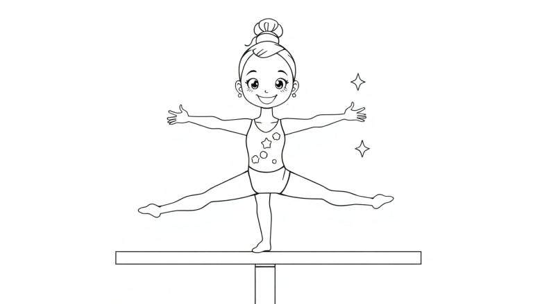 A smiling gymnast girl in a split on a balance beam, with stars around her head, in a black and white color panel illustration.