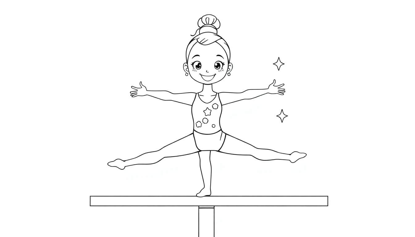 A smiling gymnast girl in a split on a balance beam, with stars around her head, in a black and white color panel illustration.