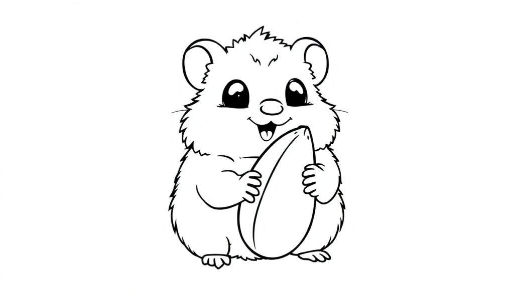 A black and white cartoon hamster with a fluffy body, large eyes, and a happy expression, holding a large seed with both paws, outlined for coloring. This is a color panel.