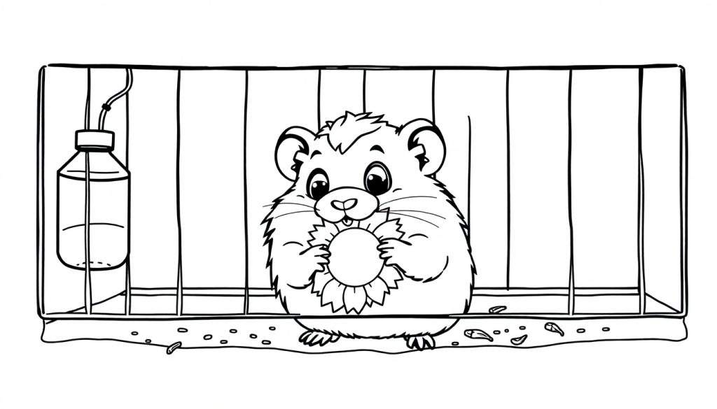 A cute hamster holding a sunflower seed in a cage, ready for a color panel.