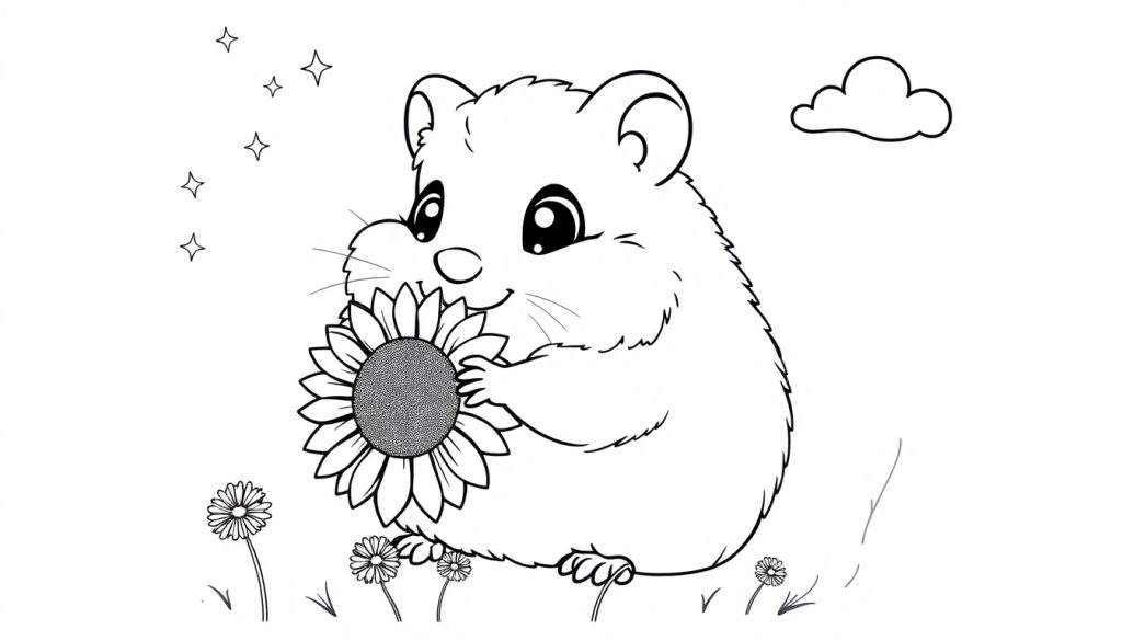 A cute hamster holding a sunflower, ready for the color panel.